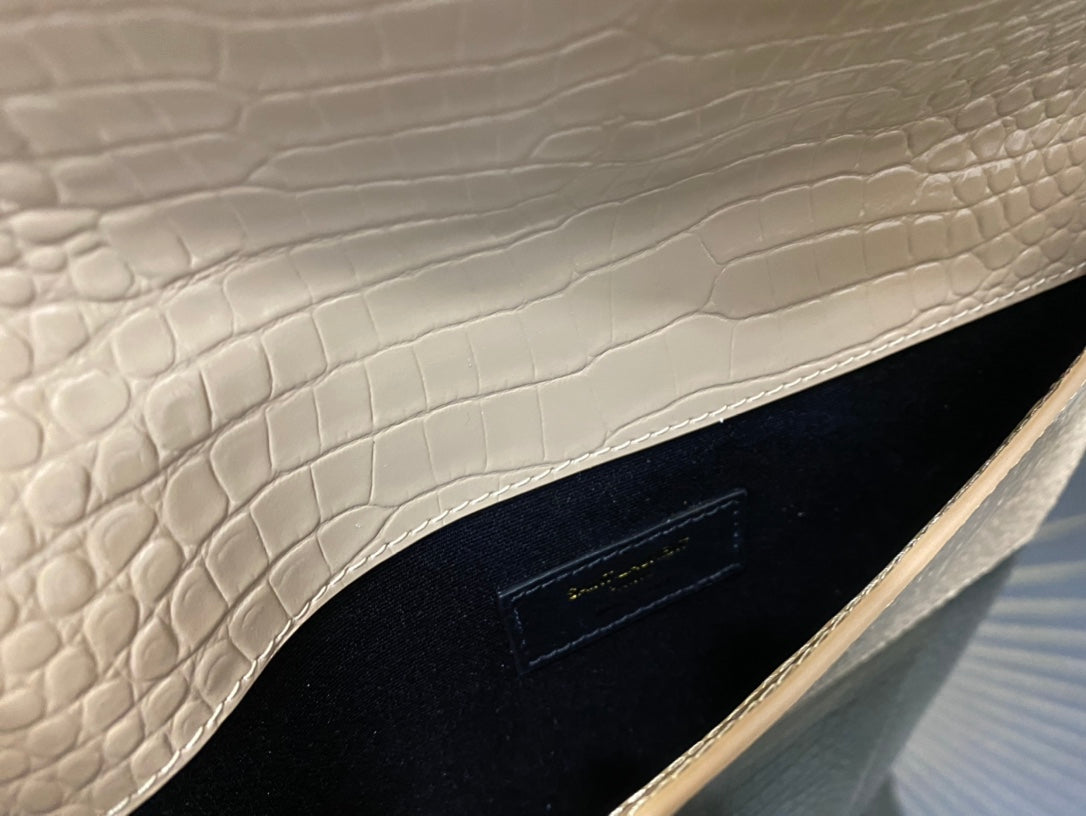 Saint Laurent Uptown Pouch in Shiny Crocodile-Embossed Leather - Beige