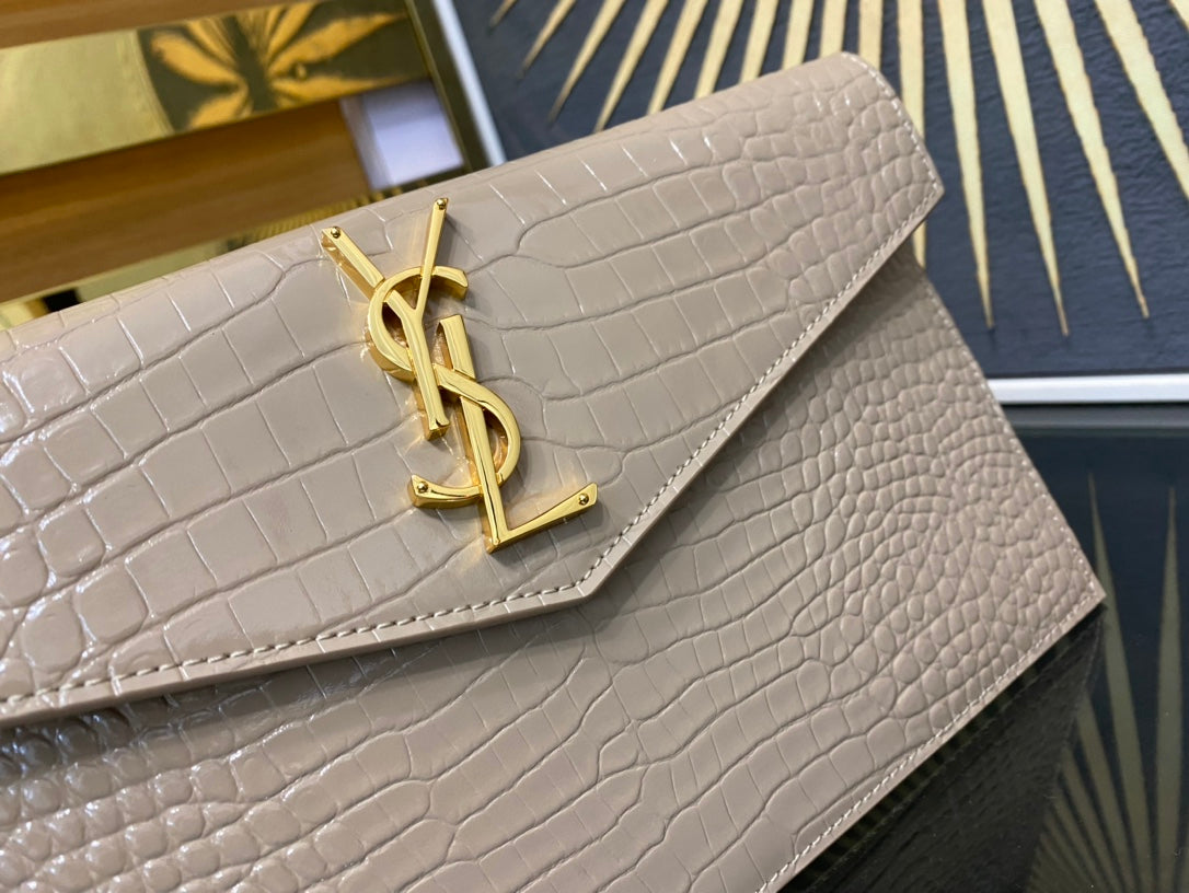 Saint Laurent Uptown Pouch in Shiny Crocodile-Embossed Leather - Beige
