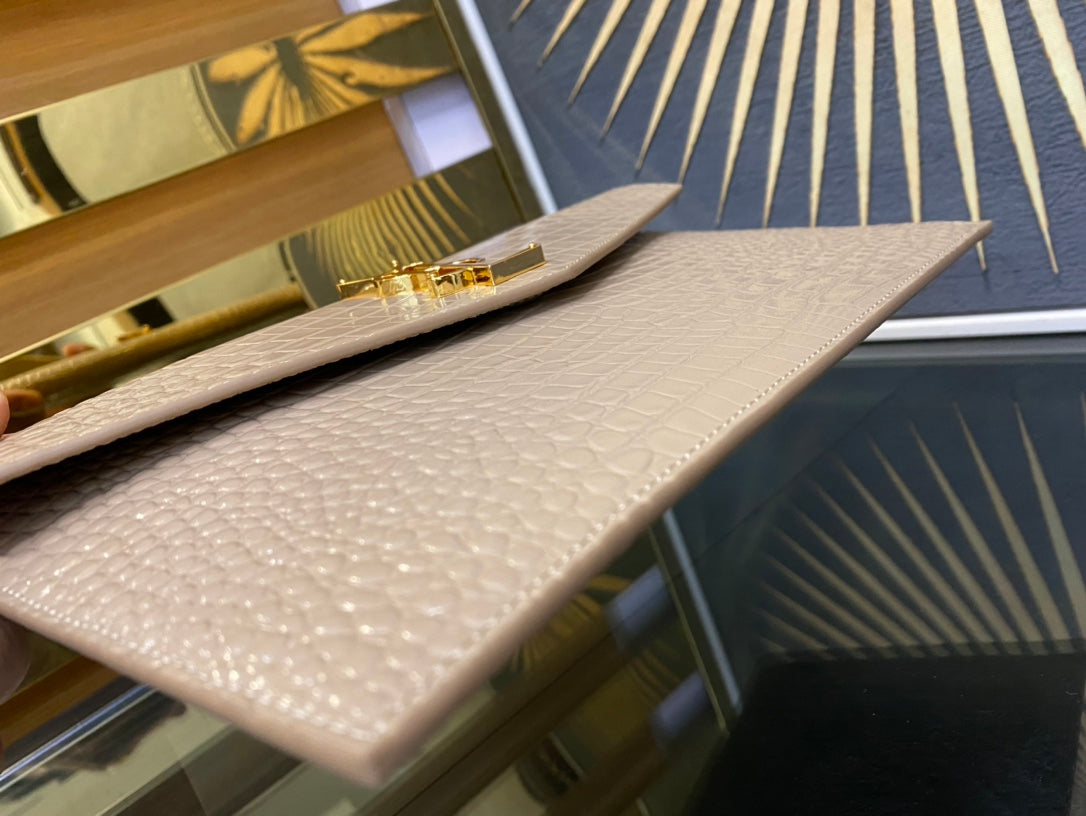 Saint Laurent Uptown Pouch in Shiny Crocodile-Embossed Leather - Beige