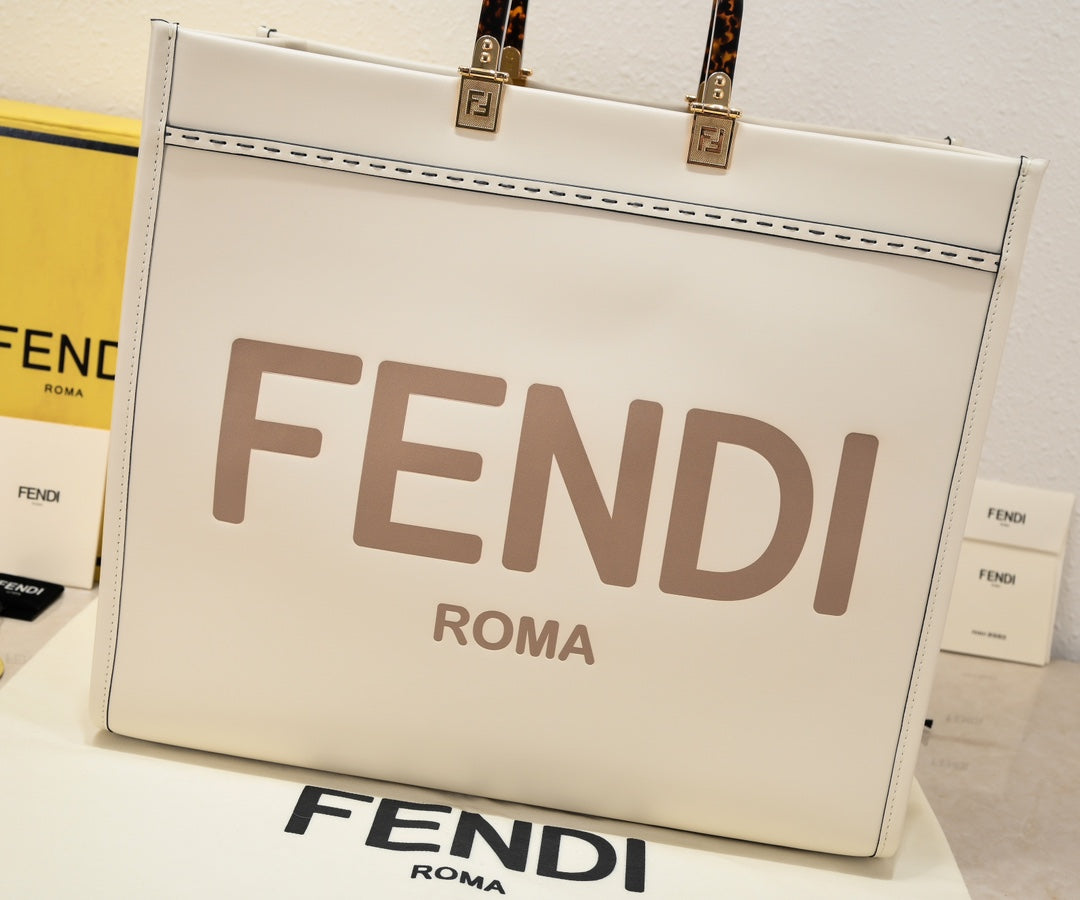 Fendi Sunshine Large Sunshine Shopper Bag - Cream Canvas with Tortoiseshell Handles