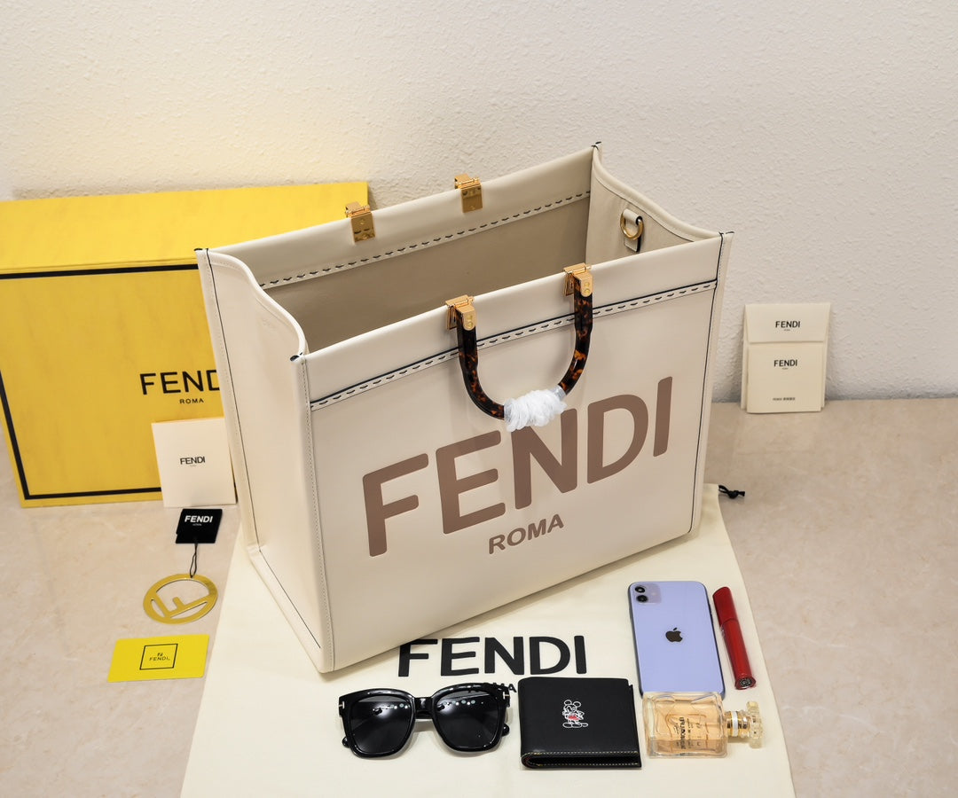 Fendi Sunshine Large Sunshine Shopper Bag - Cream Canvas with Tortoiseshell Handles