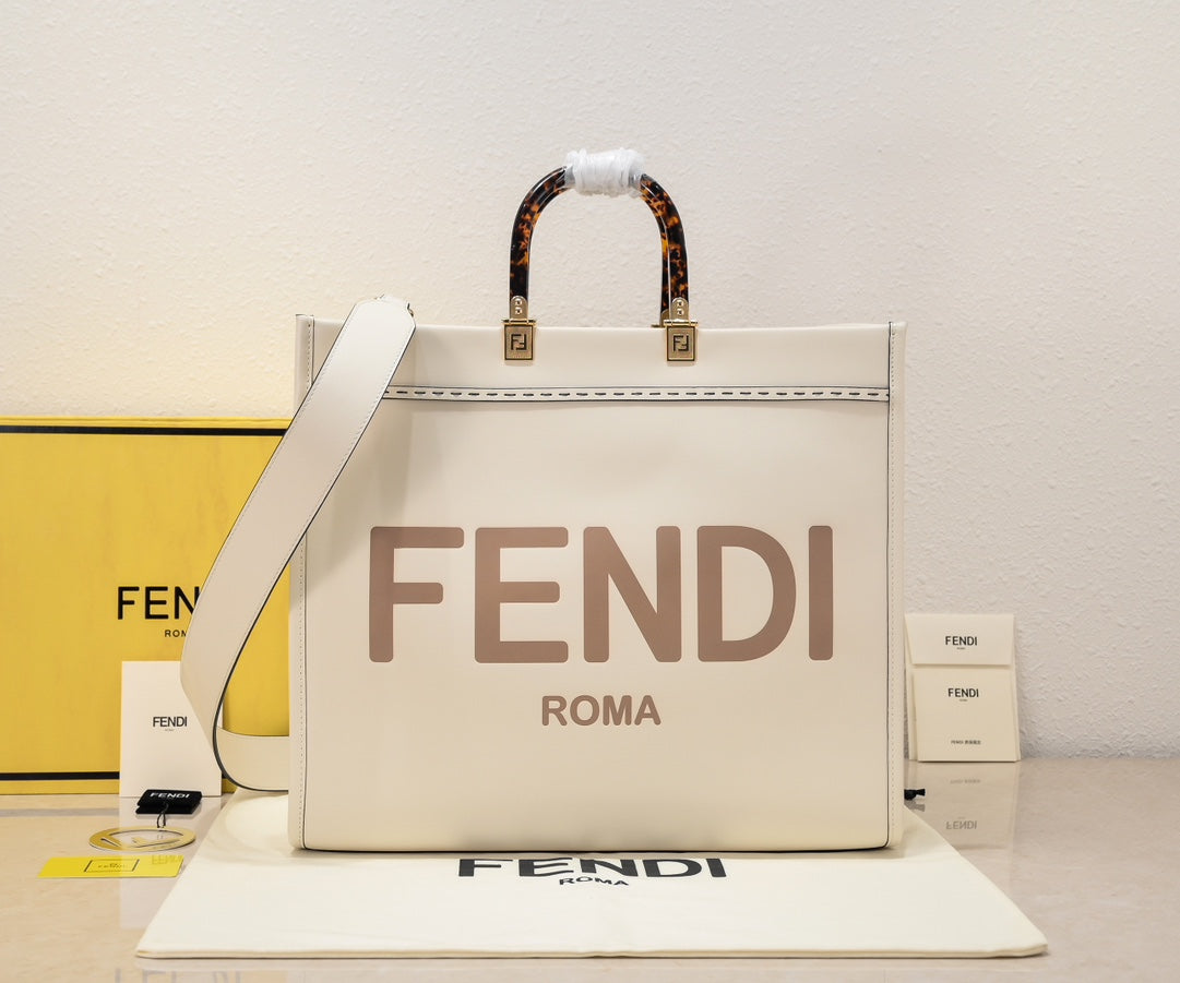 Fendi Sunshine Large White Canvas Shopper Tote Bag with Tortoiseshell Handles