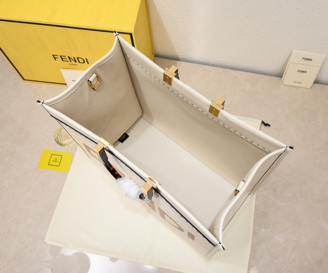 Fendi Sunshine Large Sunshine Shopper Bag - Cream Canvas with Tortoiseshell Handles