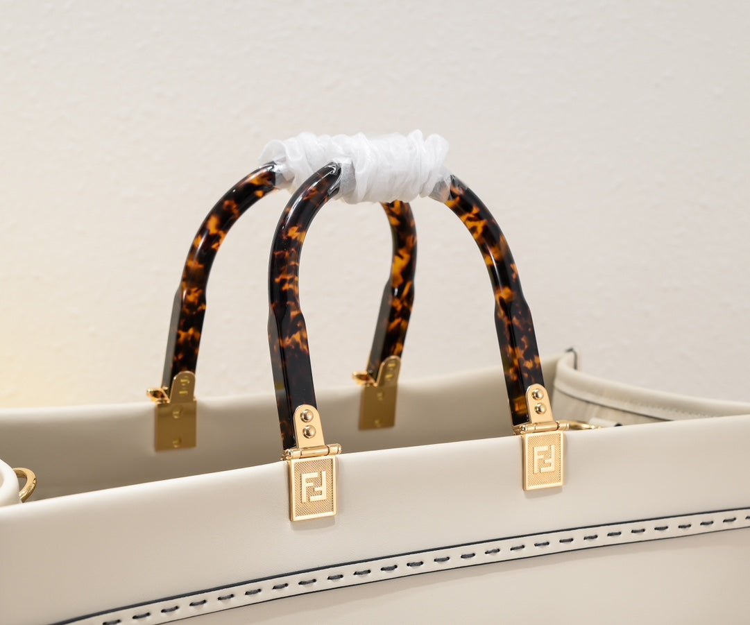 Fendi Sunshine Large White Canvas Shopper Tote Bag with Tortoiseshell Handles