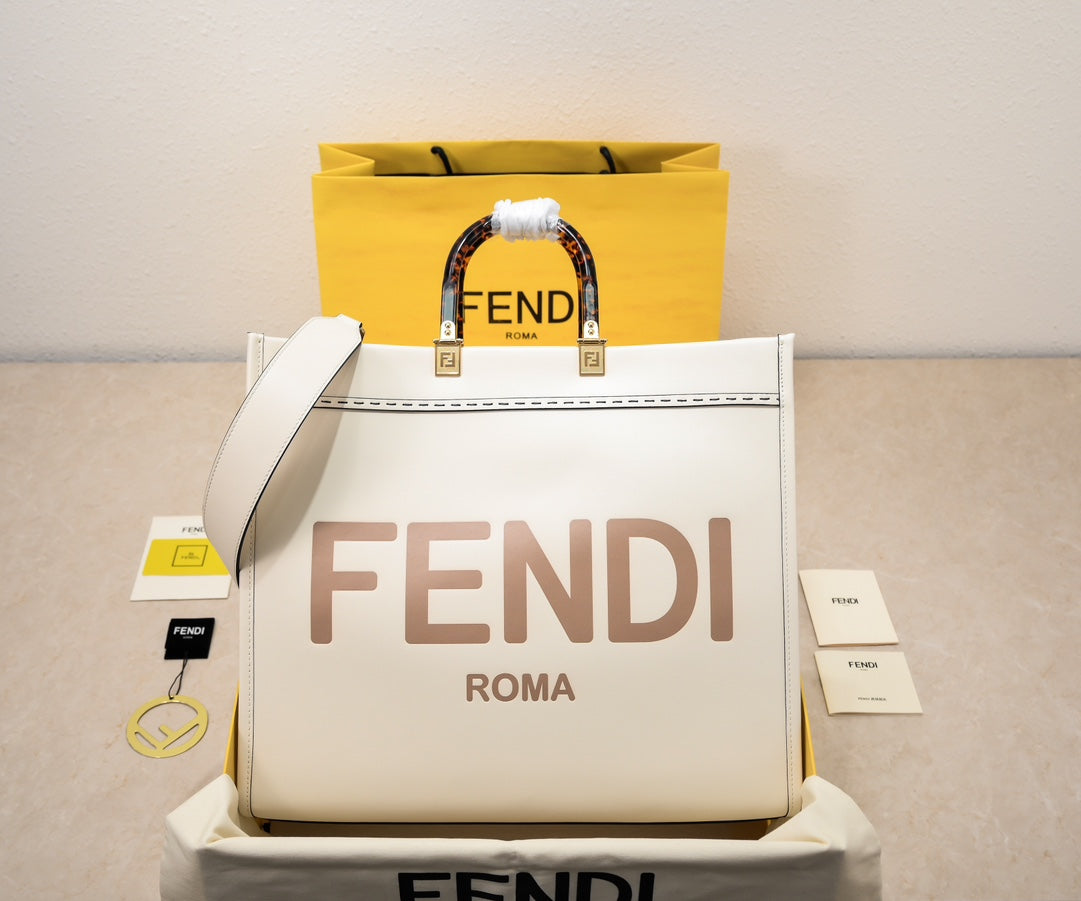 Fendi Sunshine Large White Canvas Shopper Tote Bag with Tortoiseshell Handles