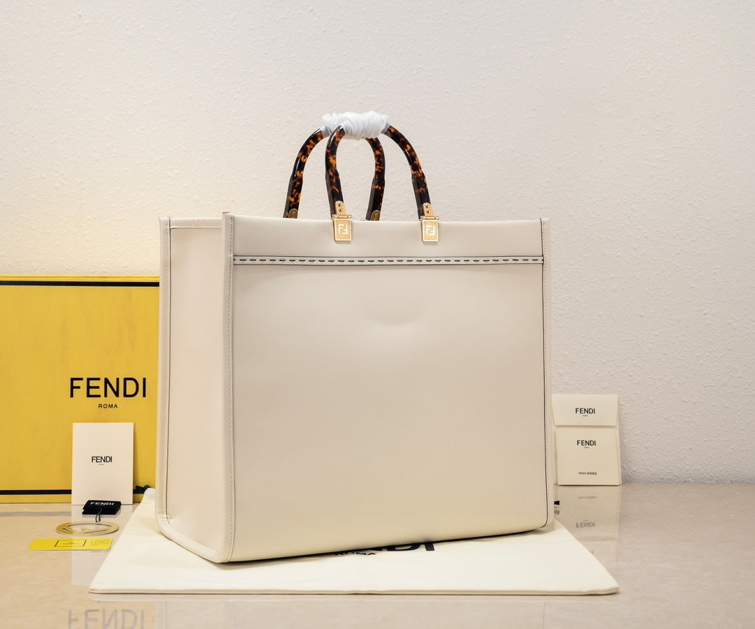Fendi Sunshine Large Sunshine Shopper Bag - Cream Canvas with Tortoiseshell Handles