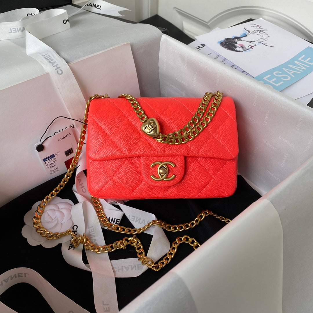Chanel Lambskin Quilted Mini Flap Bag with Heart Slider Chain - Coral