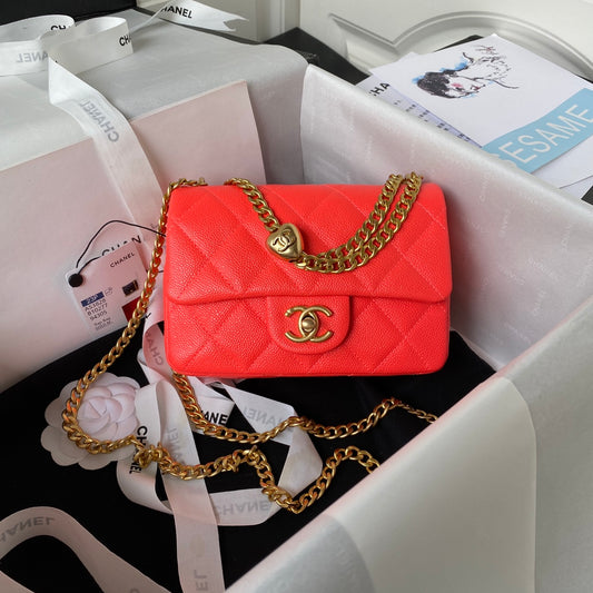 Chanel Lambskin Quilted Mini Flap Bag with Heart Slider Chain - Coral