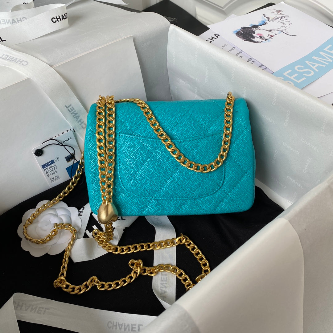 Chanel Teal Quilted Mini Flap Bag with Gold-Tone Heart Charm Chain