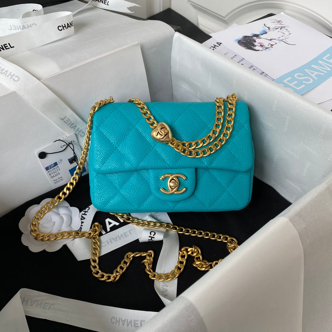 Chanel Teal Quilted Mini Flap Bag with Gold-Tone Heart Charm Chain