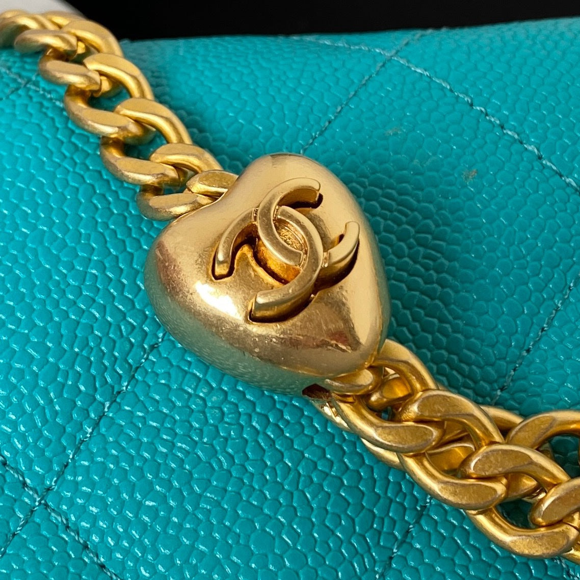 Chanel Teal Quilted Mini Flap Bag with Gold-Tone Heart Charm Chain