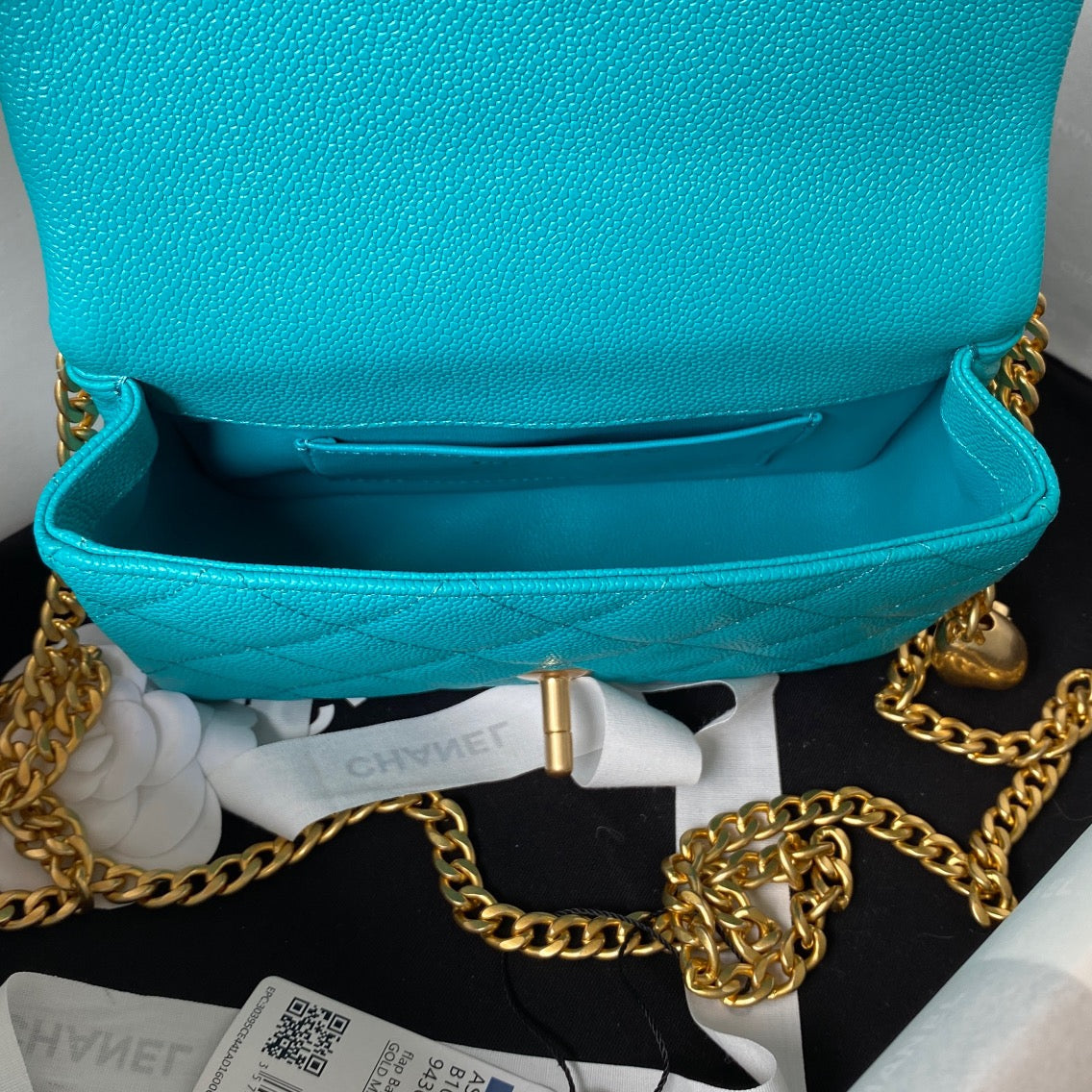 Chanel Teal Quilted Mini Flap Bag with Gold-Tone Heart Charm Chain