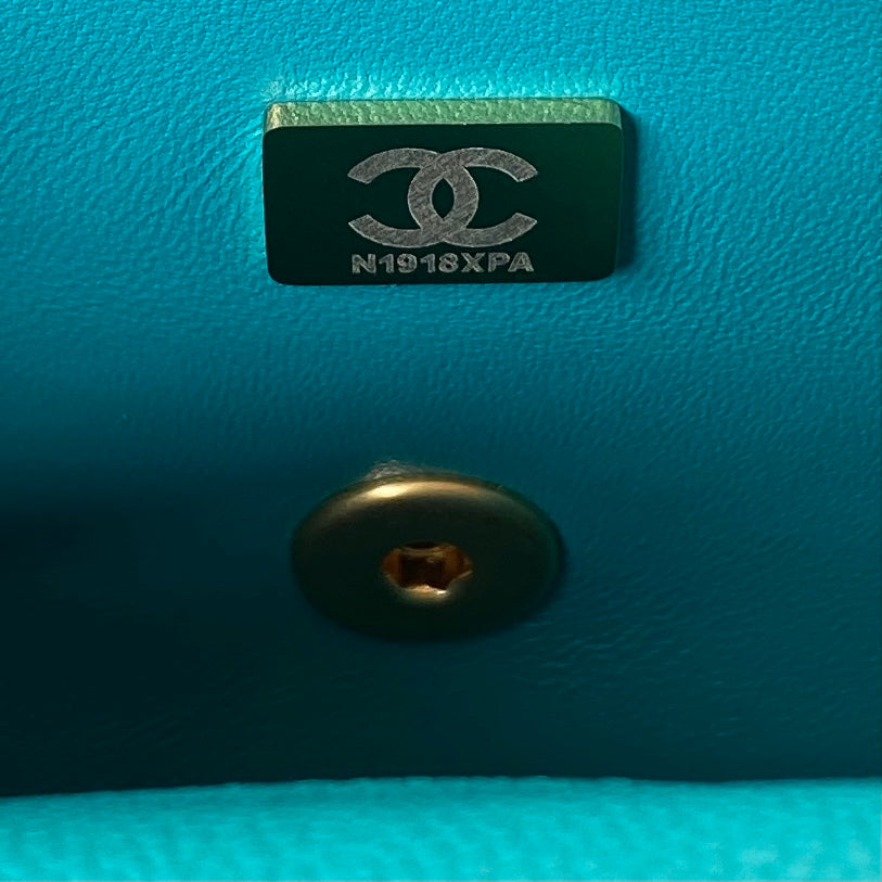 Chanel Teal Quilted Mini Flap Bag with Gold-Tone Heart Charm Chain