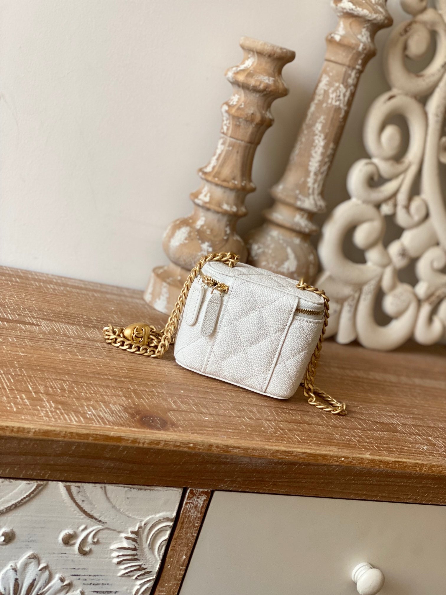 Chanel White Quilted Lambskin Mini Vanity Case with Gold-Tone Hardware