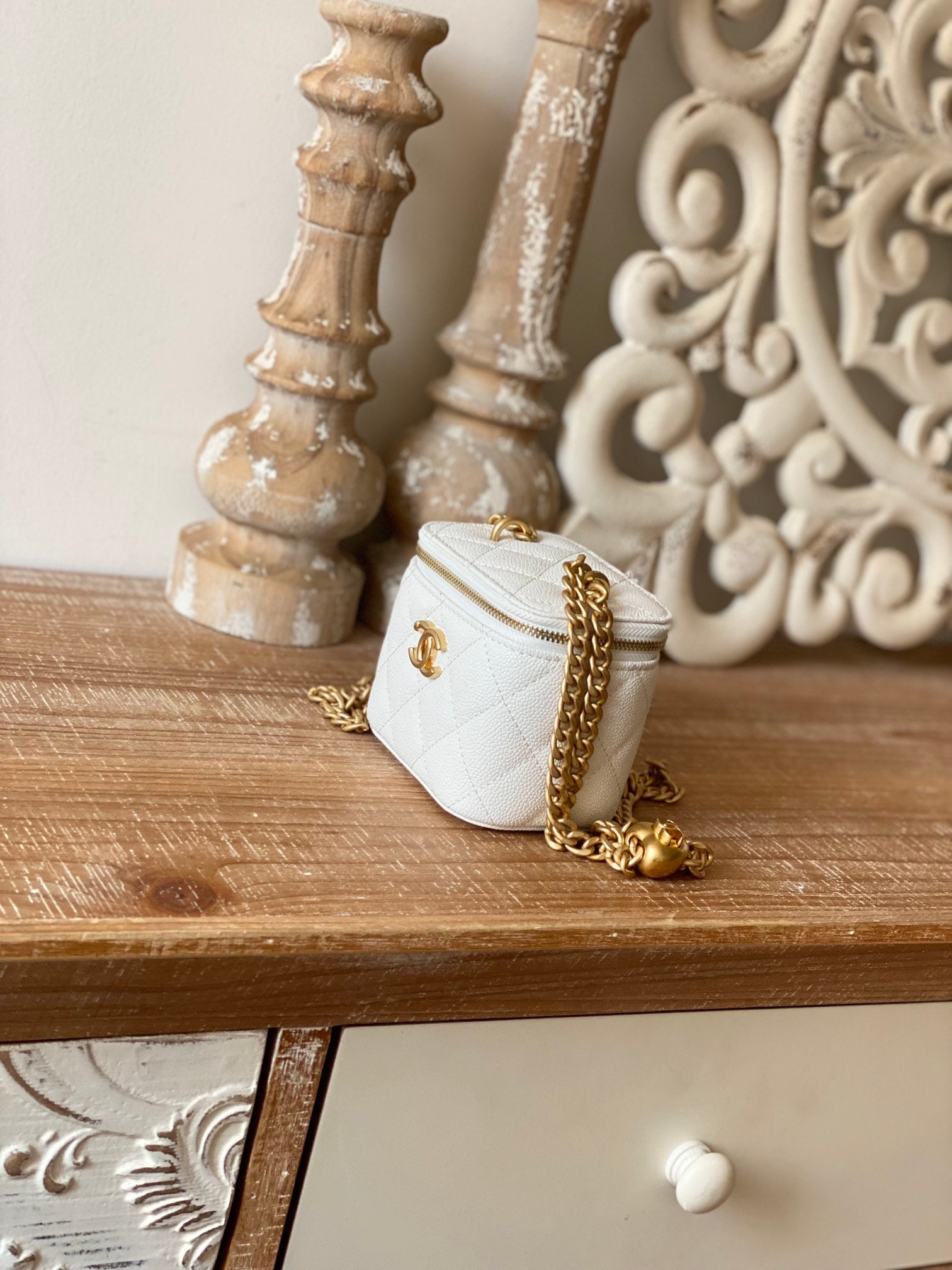 Chanel White Quilted Lambskin Mini Vanity Case with Gold-Tone Hardware