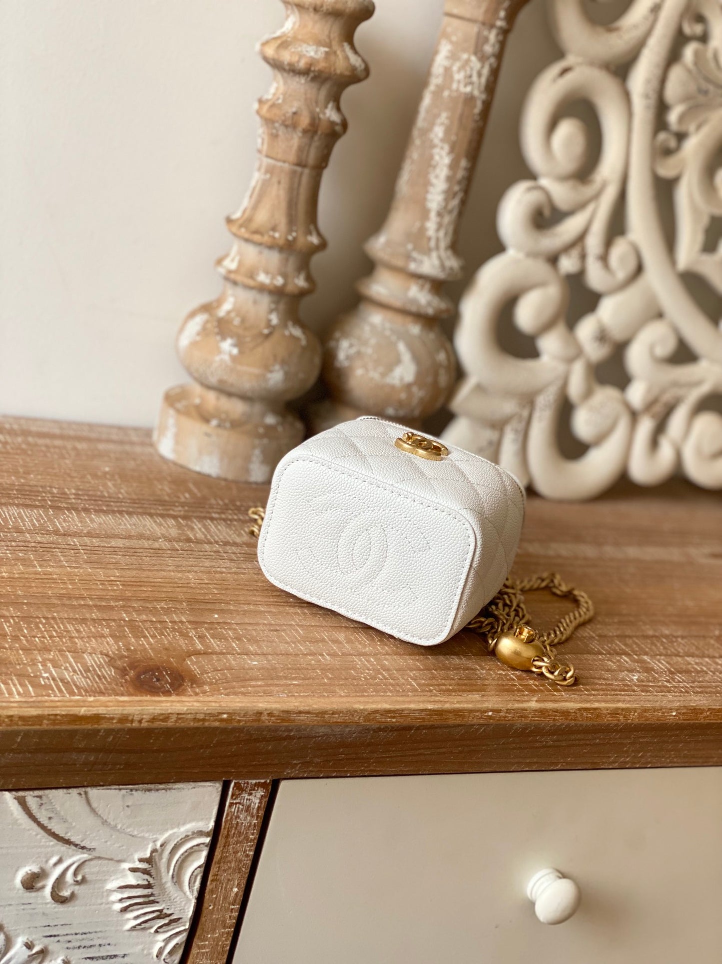Chanel White Quilted Lambskin Mini Vanity Case with Gold-Tone Hardware