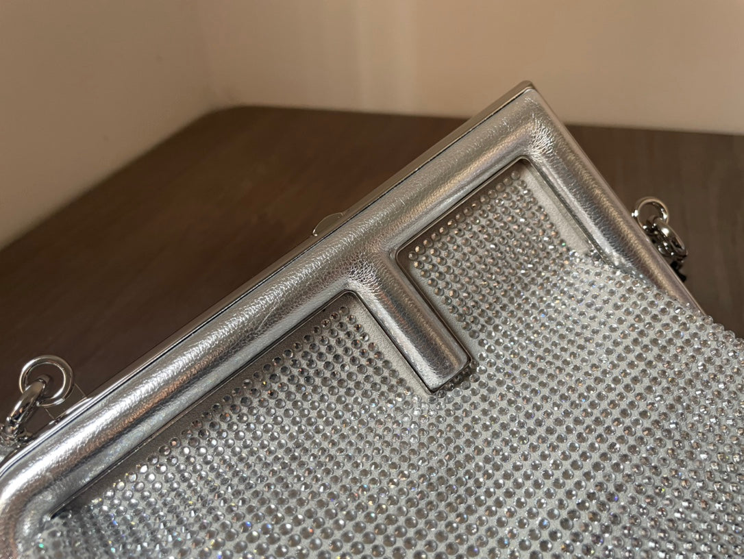 Fendi First Small Silver Metallic Leather Clutch &amp; Crossbody Bag