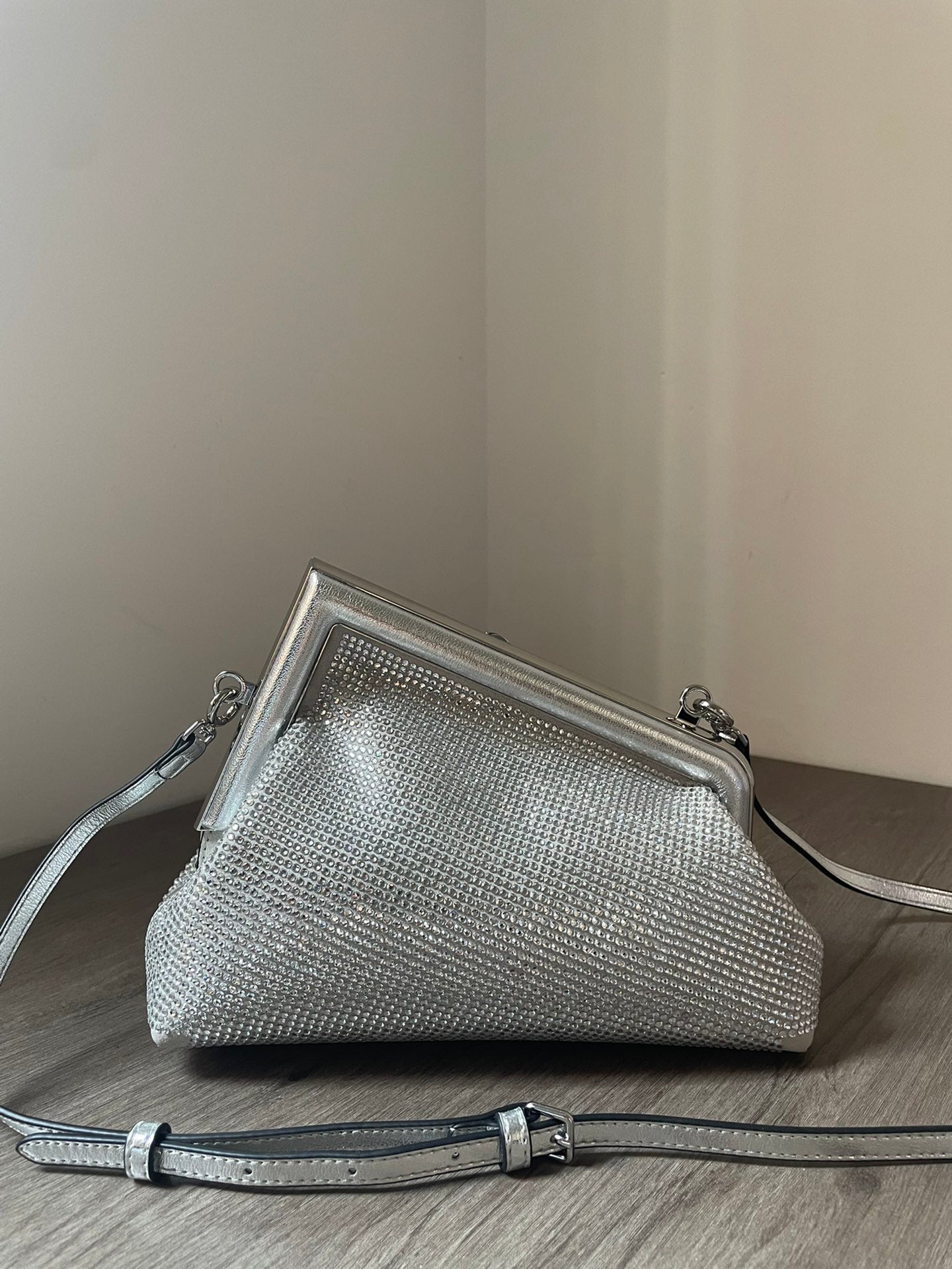 Fendi First Small Silver Metallic Leather Clutch &amp; Crossbody Bag