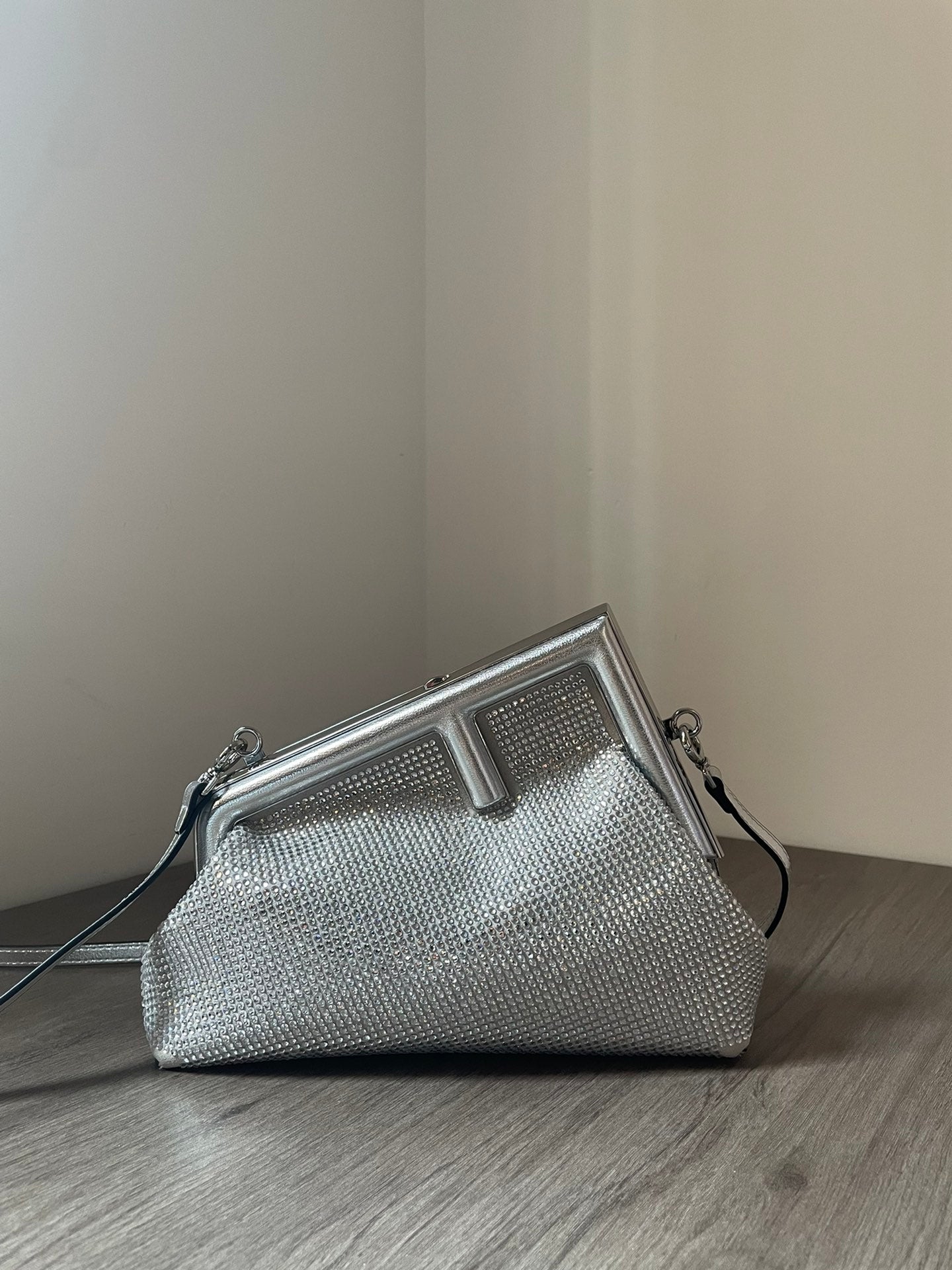 Fendi First Small Silver Metallic Leather Clutch &amp; Crossbody Bag