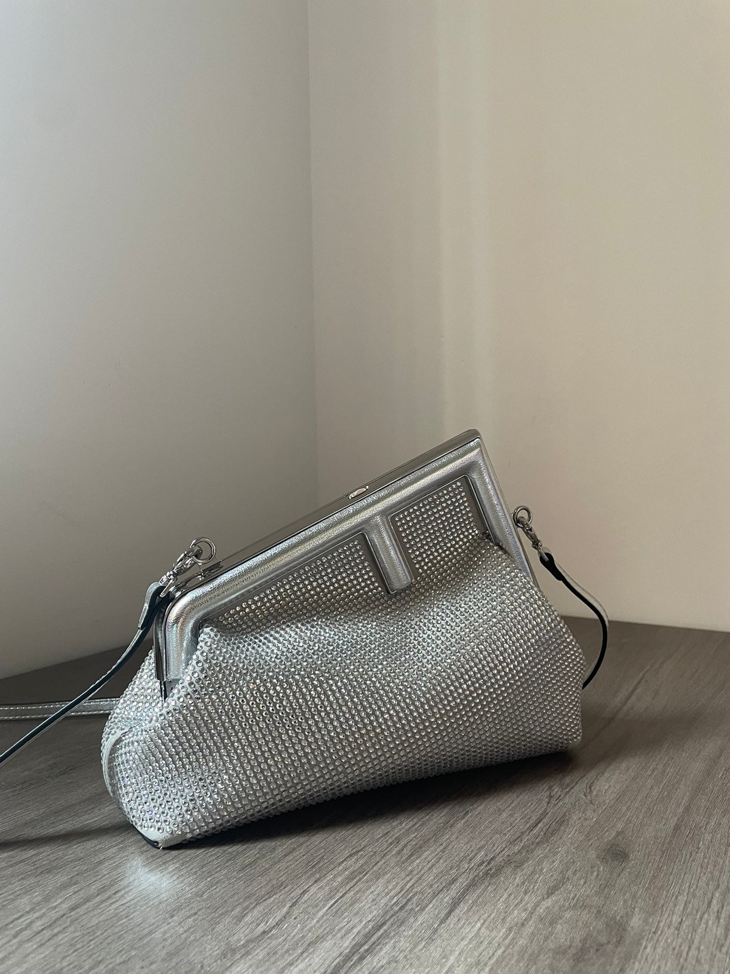Fendi First Small Silver Metallic Leather Clutch &amp; Crossbody Bag