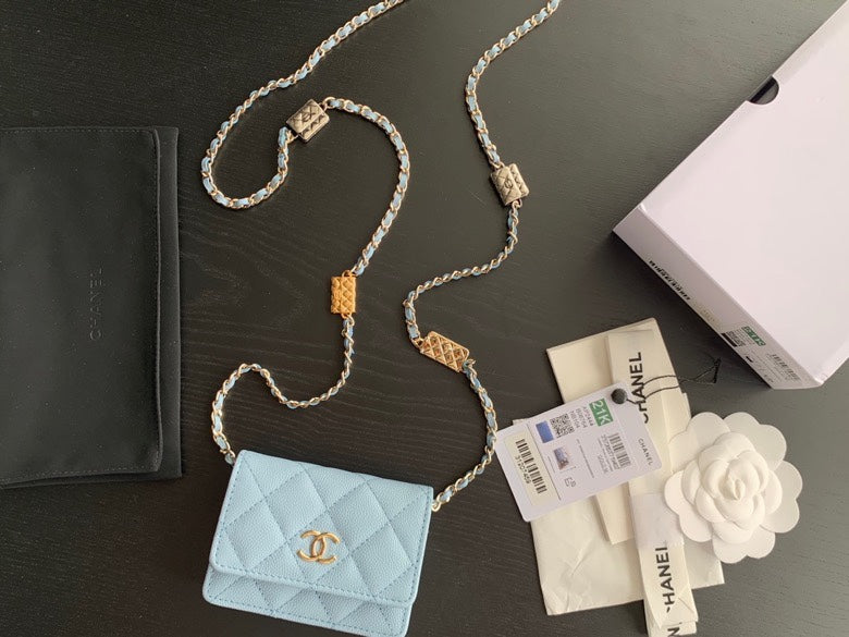 Chanel Light Blue Quilted Card Holder on Chain with Decorative Gold Hardware