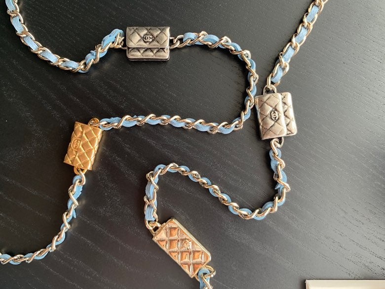 Chanel Light Blue Quilted Card Holder on Chain with Decorative Gold Hardware