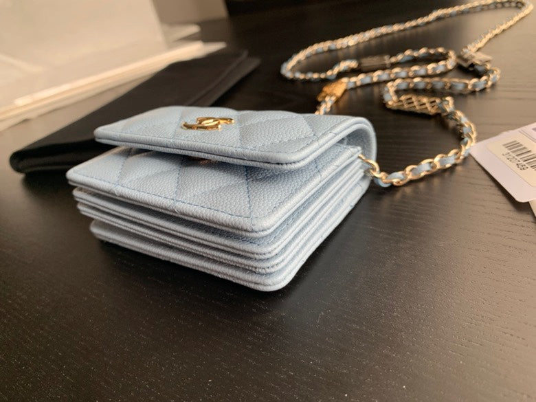 Chanel Light Blue Quilted Card Holder on Chain with Decorative Gold Hardware
