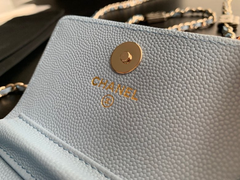 Chanel Light Blue Quilted Card Holder on Chain with Decorative Gold Hardware