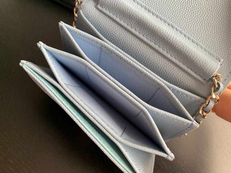 Chanel Light Blue Quilted Card Holder on Chain with Decorative Gold Hardware