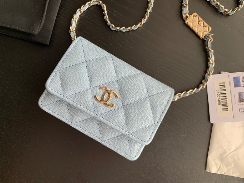 Chanel Light Blue Quilted Card Holder on Chain with Decorative Gold Hardware