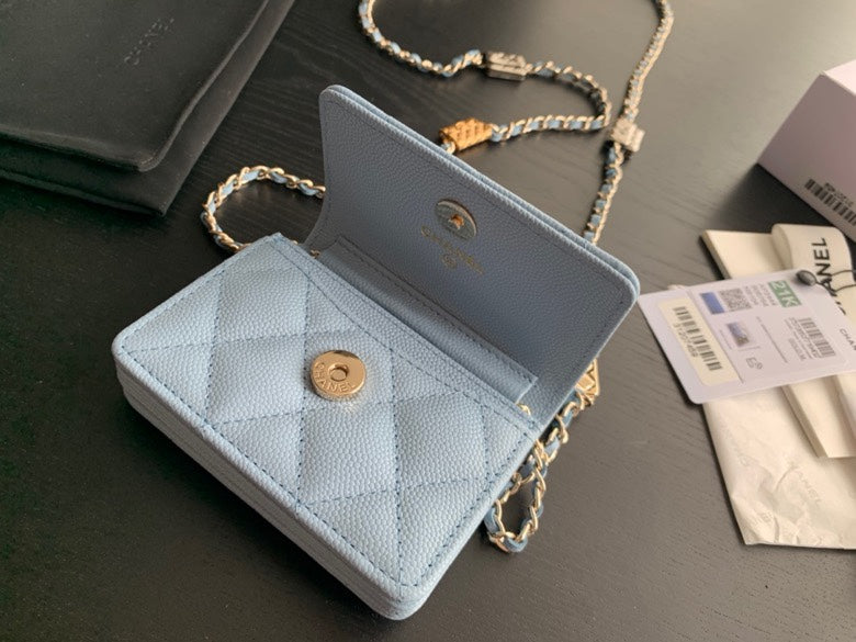 Chanel Light Blue Quilted Card Holder on Chain with Decorative Gold Hardware