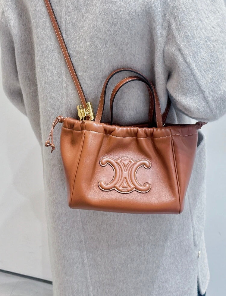 Celine Cuir Triomphe Small Cabas Drawstring Bag in Tan Calfskin