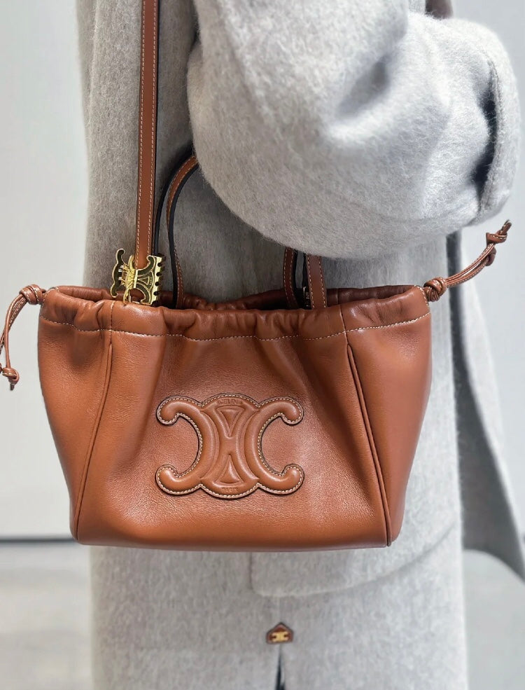 Celine Cuir Triomphe Small Cabas Drawstring Bag in Tan Calfskin