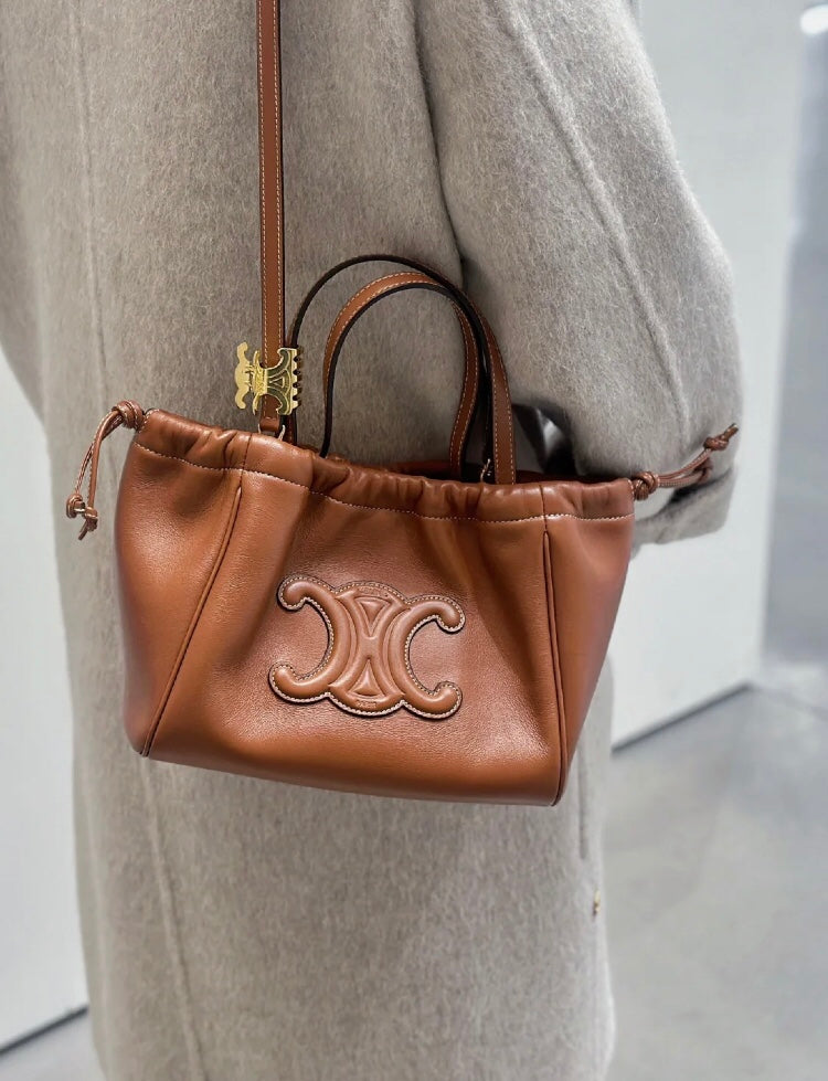 Celine Cuir Triomphe Small Cabas Drawstring Bag in Tan Calfskin
