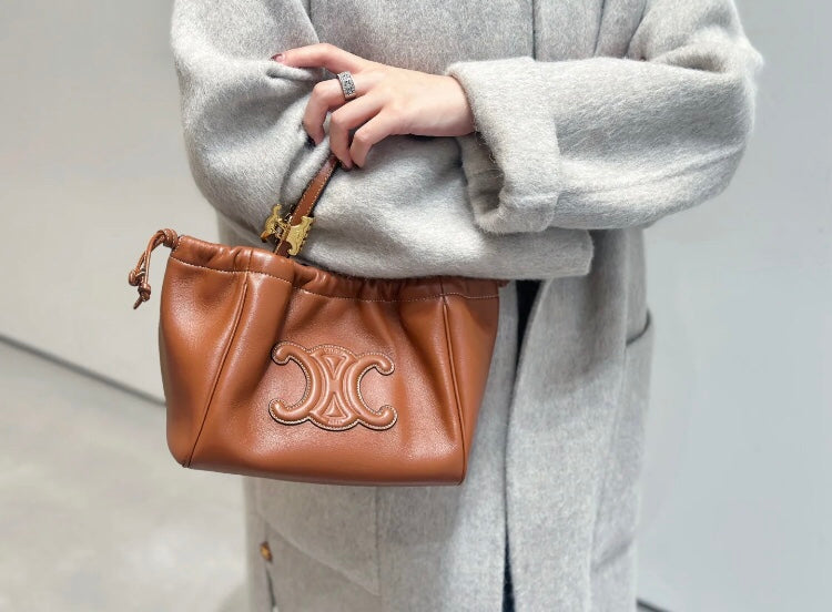 Celine Cuir Triomphe Small Cabas Drawstring Bag in Tan Calfskin