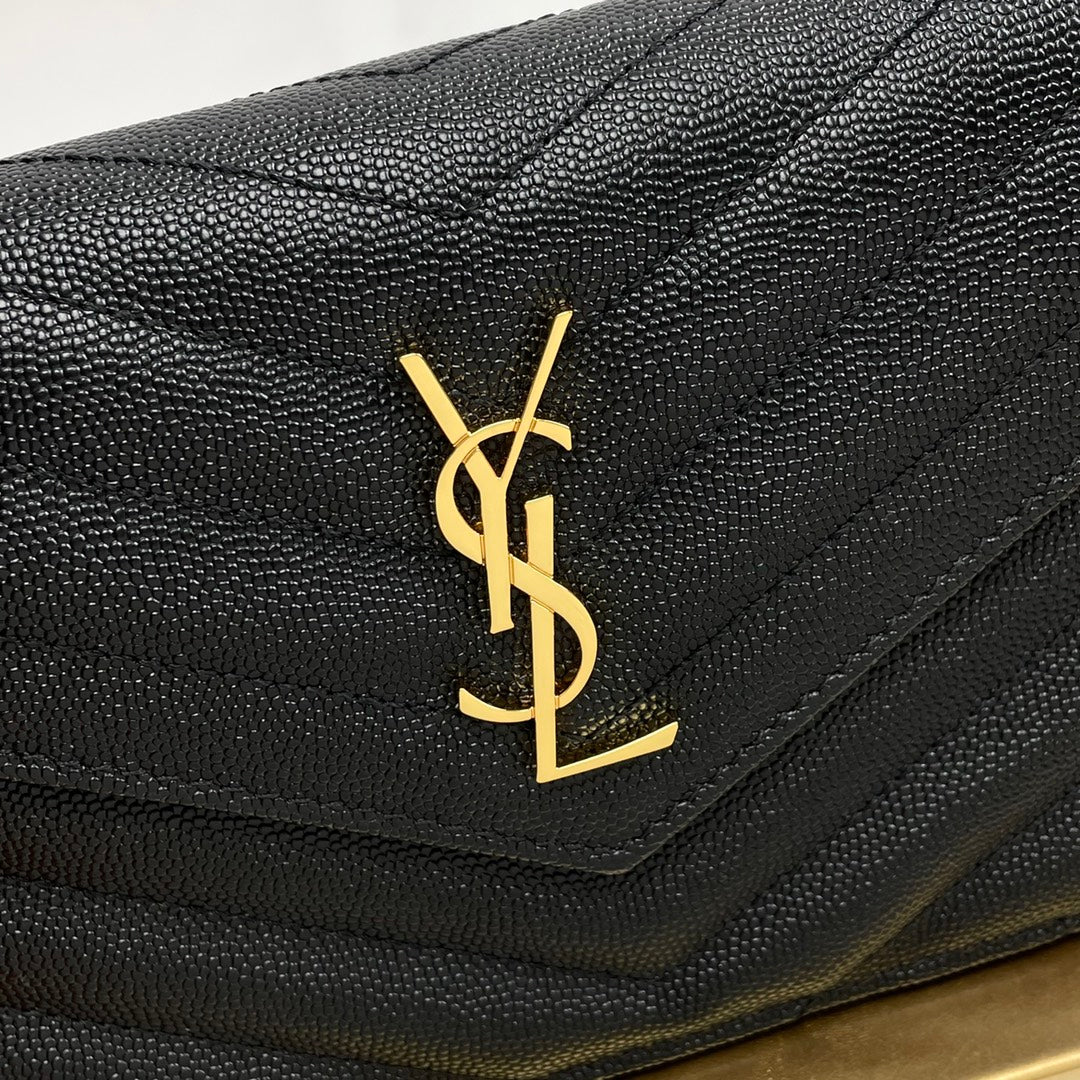 Saint Laurent Cassandre Matelassé Chain Wallet in Grain de Poudre Embossed Leather - Black/Gold