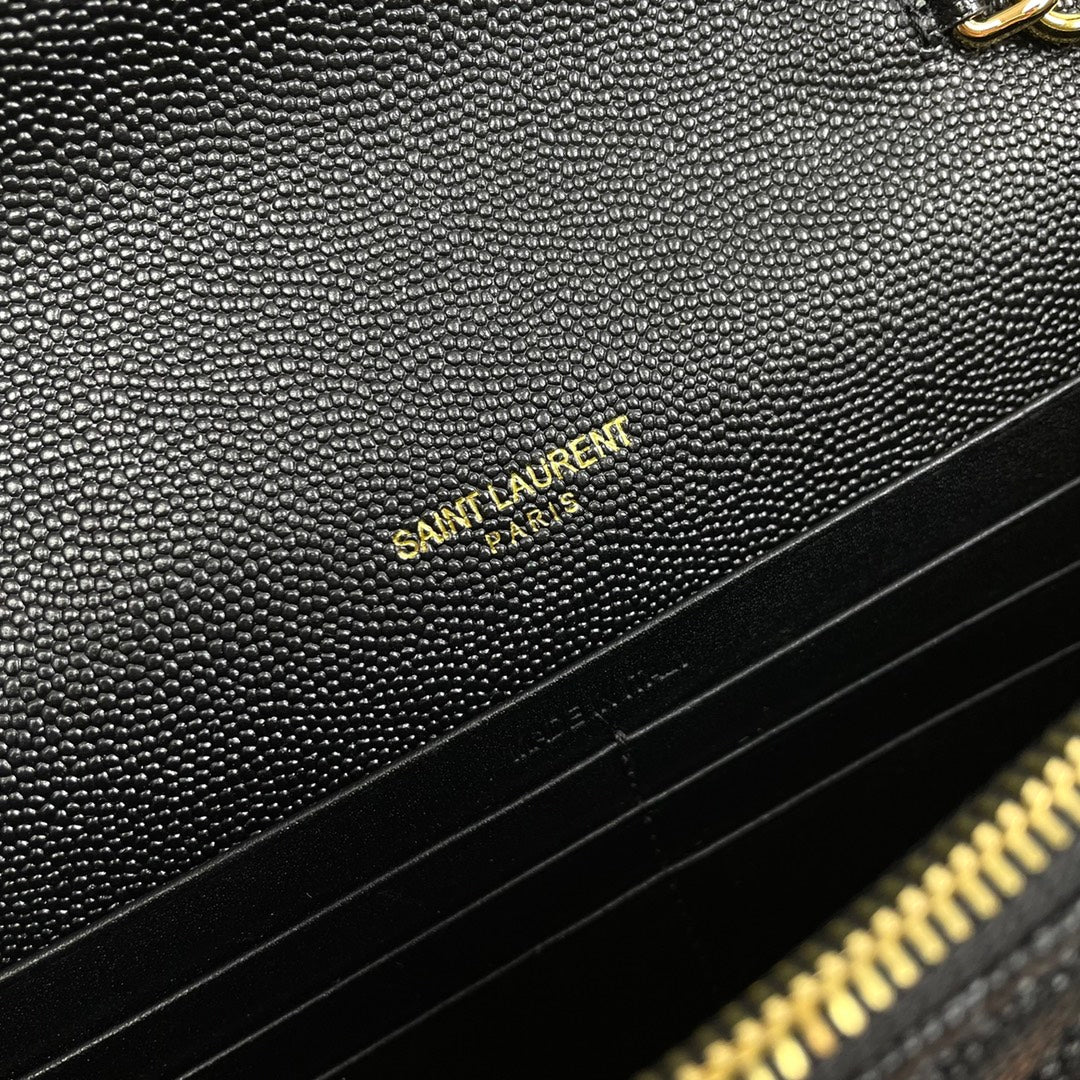 Saint Laurent Cassandre Matelassé Chain Wallet in Grain de Poudre Embossed Leather - Black/Gold