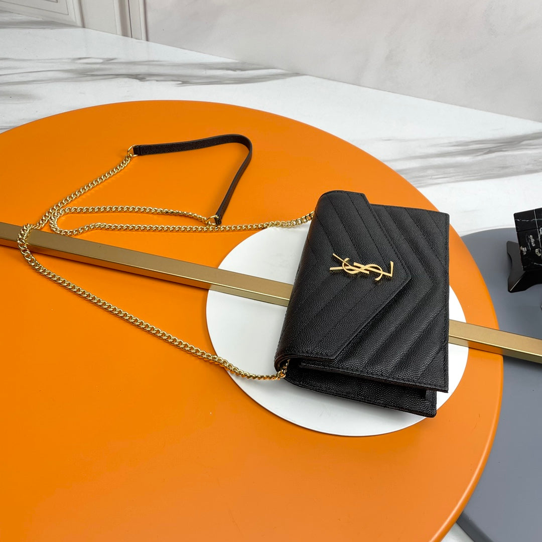 Saint Laurent Cassandre Matelassé Chain Wallet in Grain de Poudre Embossed Leather - Black/Gold