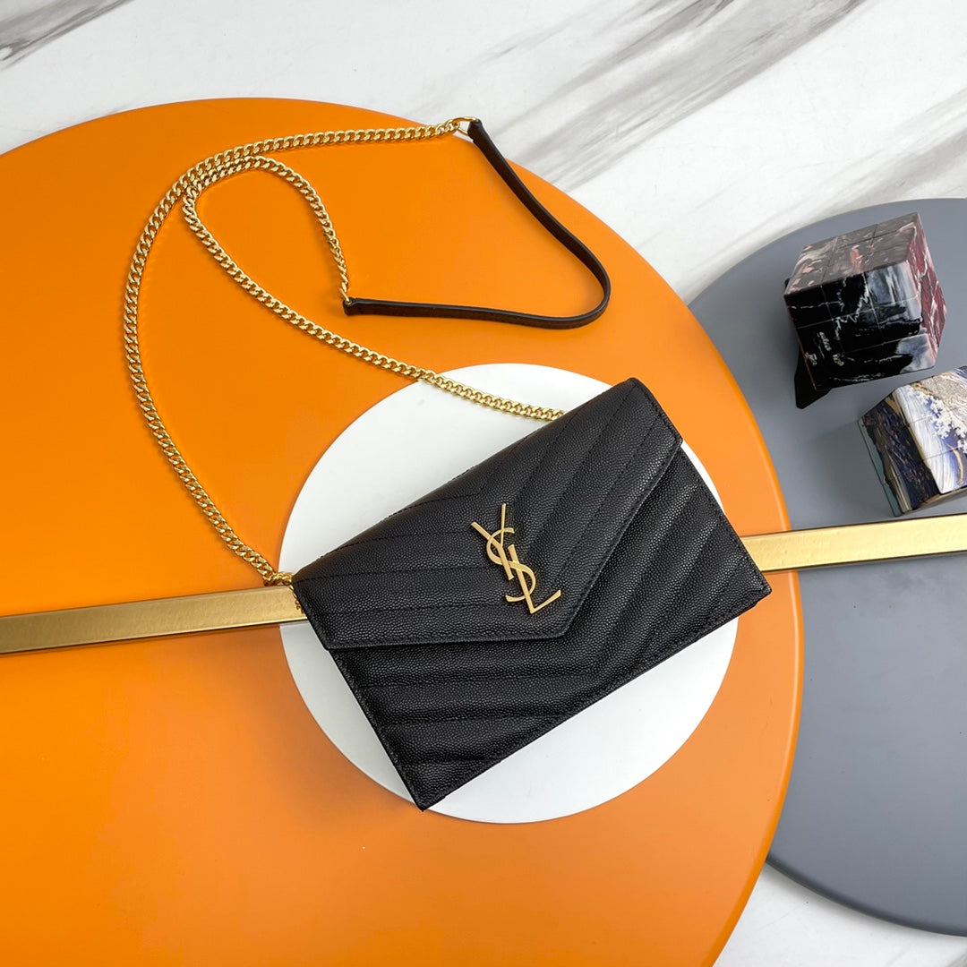 Saint Laurent Cassandre Matelassé Chain Wallet in Grain de Poudre Embossed Leather - Black/Gold