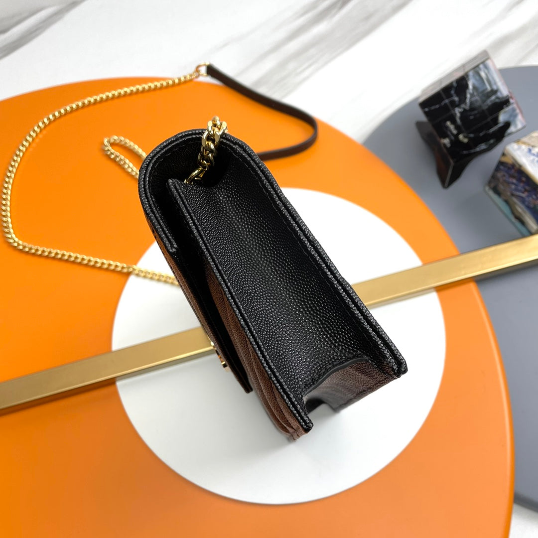 Saint Laurent Cassandre Matelassé Chain Wallet in Grain de Poudre Embossed Leather - Black/Gold