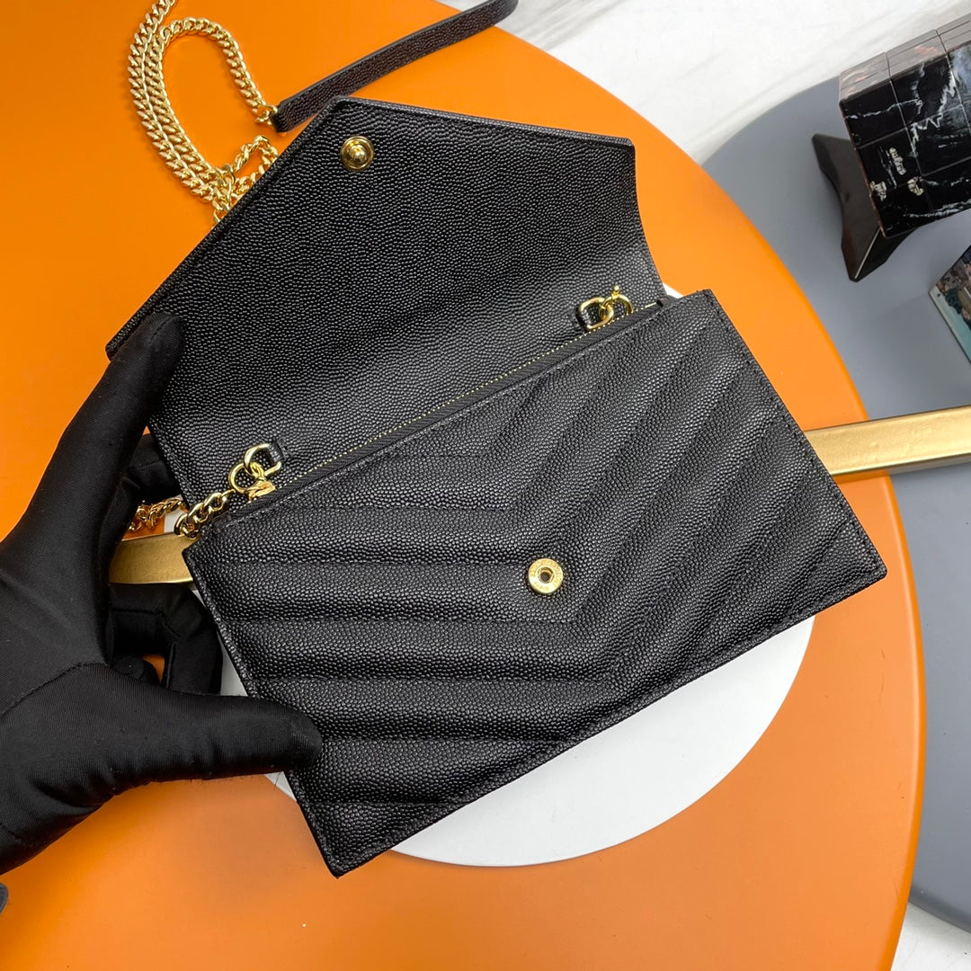 Saint Laurent Cassandre Matelassé Chain Wallet in Grain de Poudre Embossed Leather - Black/Gold
