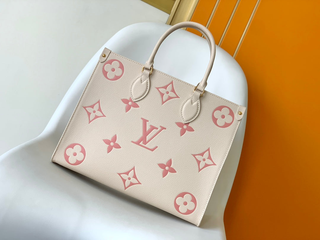 Louis Vuitton Women's OnTheGo MM Monogram Empreinte Leather Tote Bag - Cream/Pink