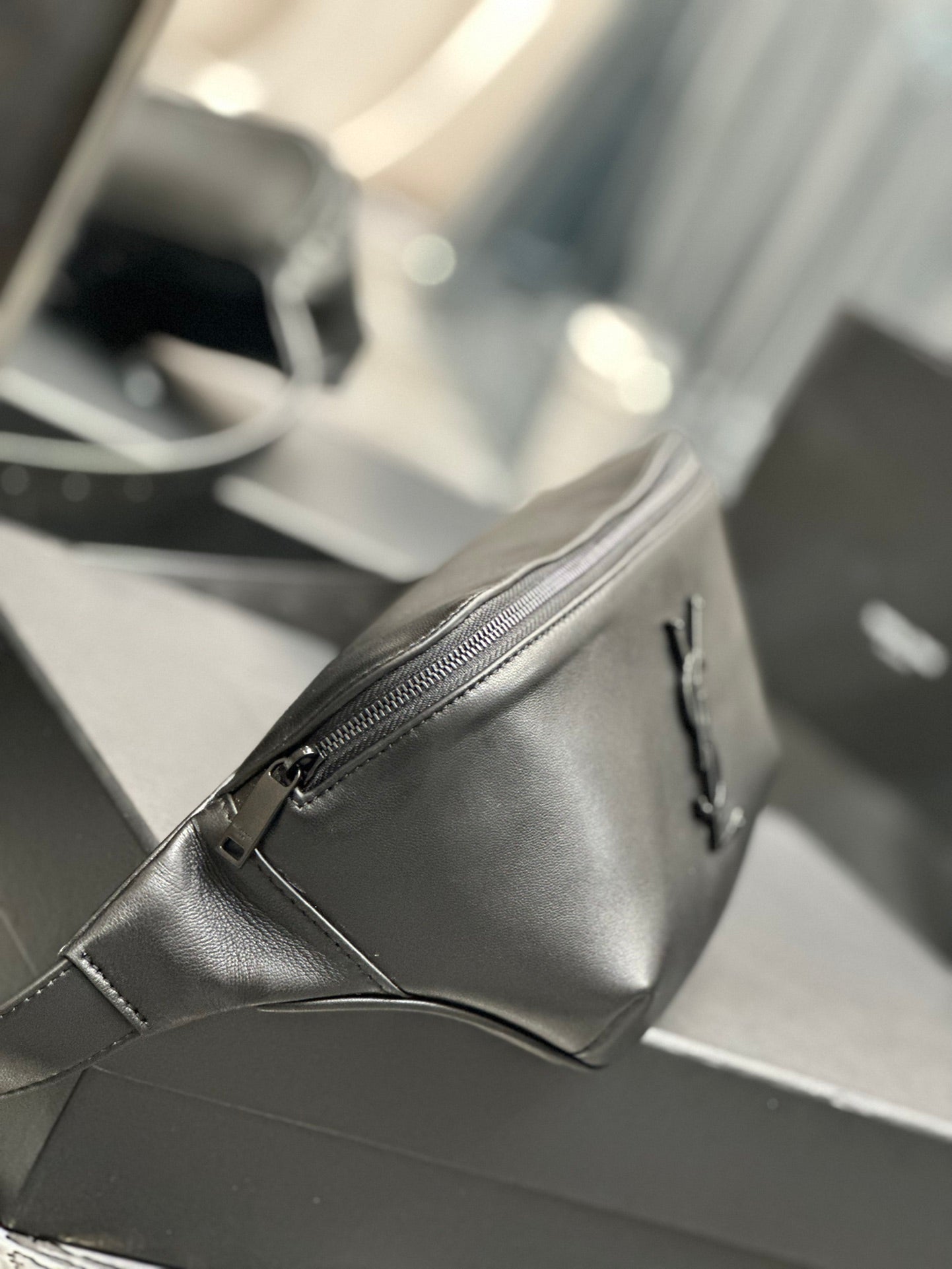 Saint Laurent Cassandre Belt Bag in Smooth Black Leather