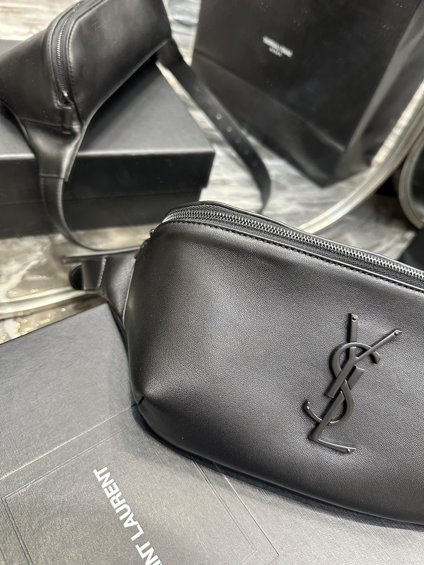Saint Laurent Cassandre Belt Bag in Smooth Black Leather