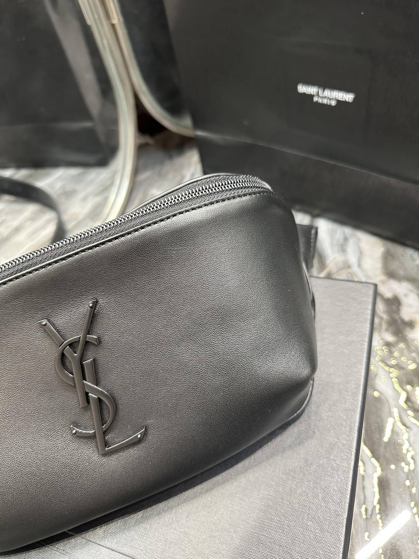 Saint Laurent Cassandre Belt Bag in Smooth Black Leather