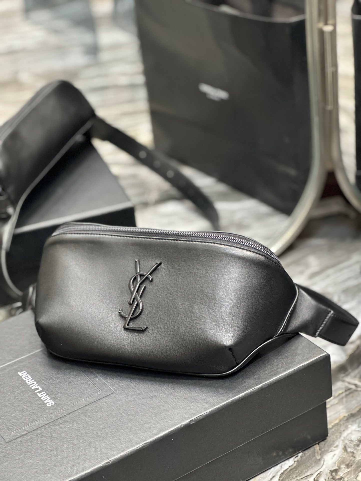 Saint Laurent Cassandre Belt Bag in Smooth Black Leather