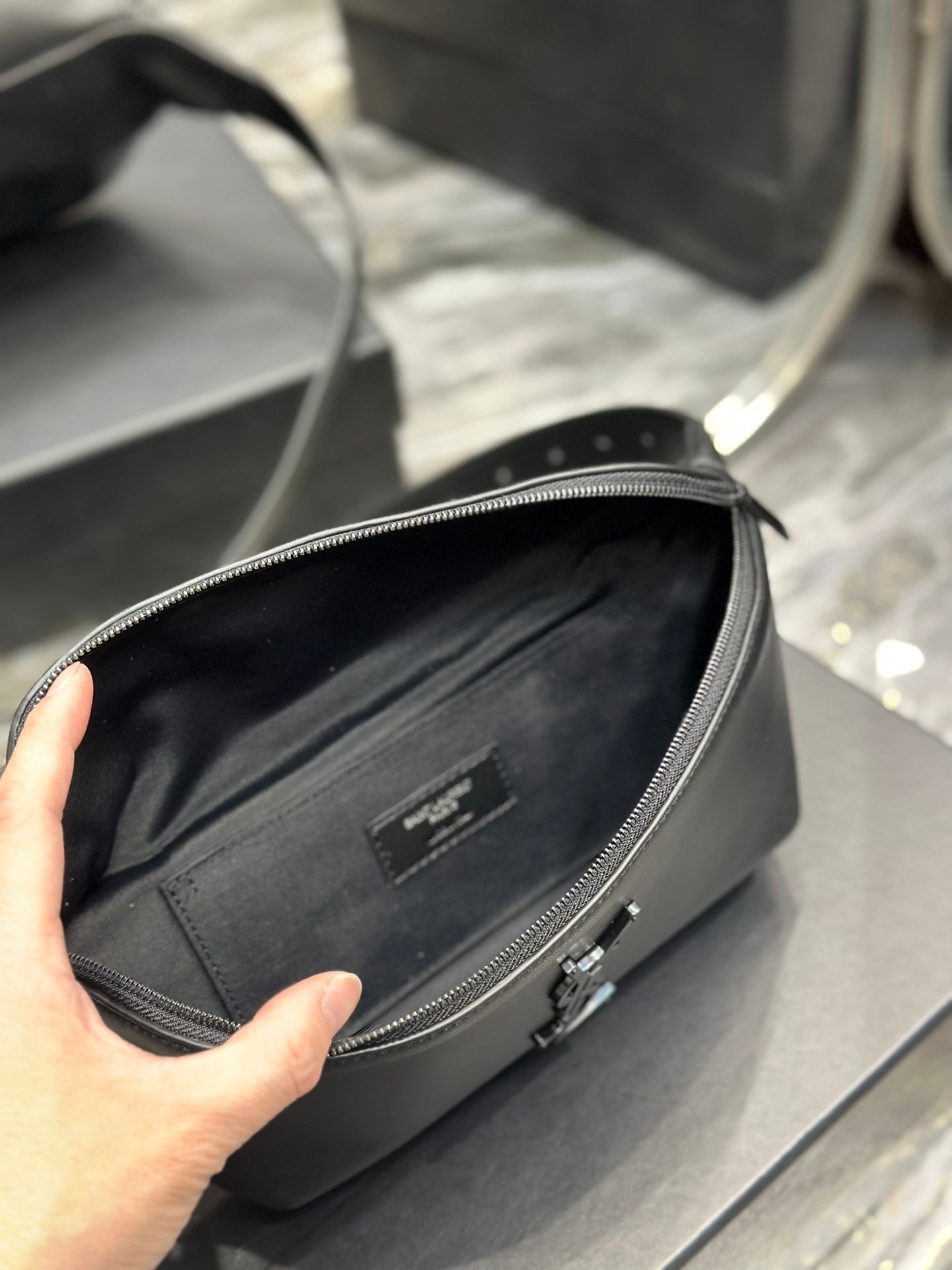 Saint Laurent Cassandre Belt Bag in Smooth Black Leather