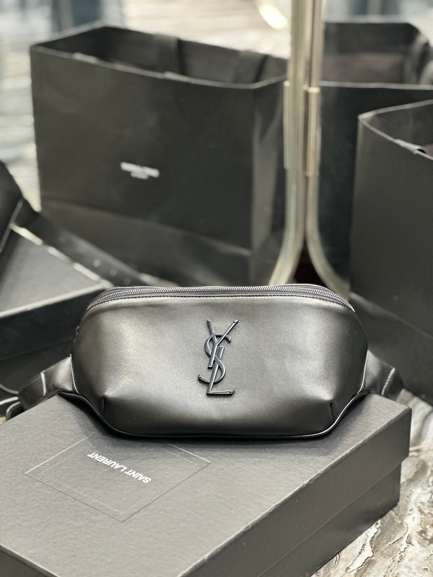 Saint Laurent Monogram Leather Belt Bag - Black with Matte Black Hardware