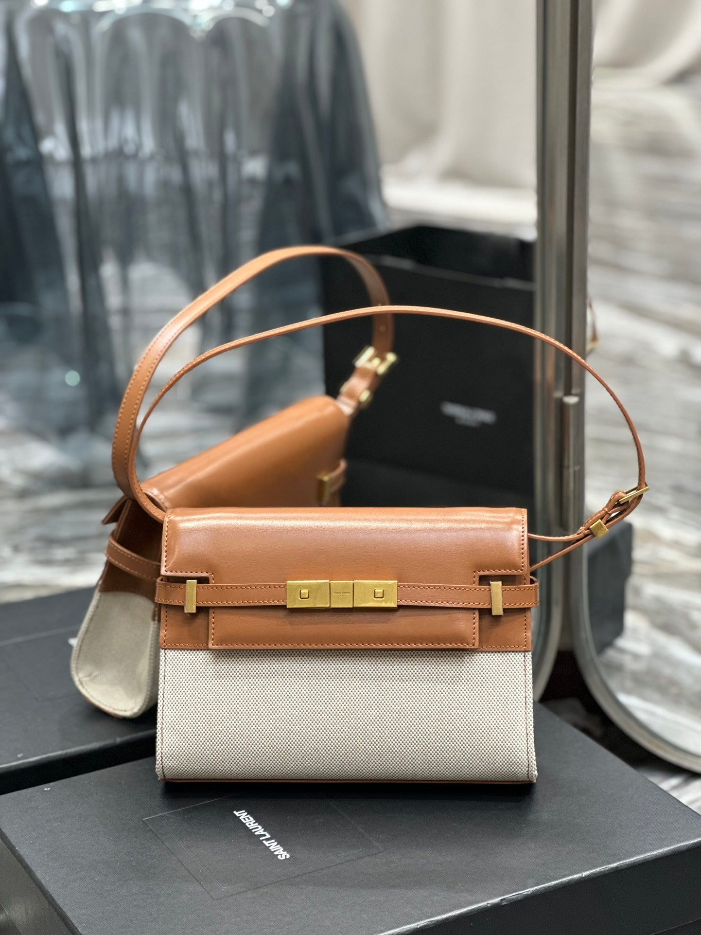 Saint Laurent Manhattan Small Shoulder Bag in Two-Tone Brown and Cream Leather