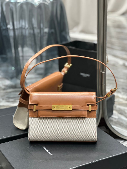 Saint Laurent Manhattan Small Shoulder Bag in Two-Tone Brown and Cream Leather